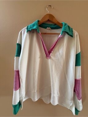 Hem & Thread White Pullover Sweatshirt with Green Collar and Pink Stripe Accents